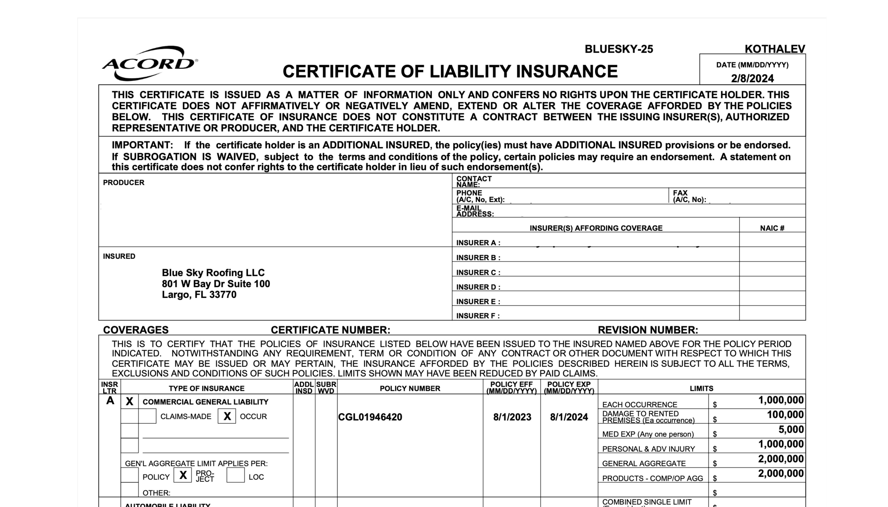 Acord Certificate of Liability Insurance Document
